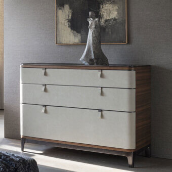 Exceptional OAK dresser crafted with dark brown wood and light gray drawer fronts, exhibiting sleek tab pulls and a grounded aesthetic