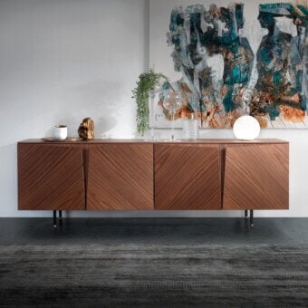 Superior Pacini & Cappellini Milano sideboard with wood doors and a medium-brown finish supported by graphite metal with brass details