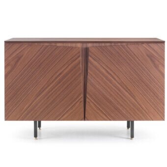 Distinguished Pacini & Cappellini Milano sideboard with medium-toned brown wood, graphite metal feet and brass details, exhibiting angled grain doors