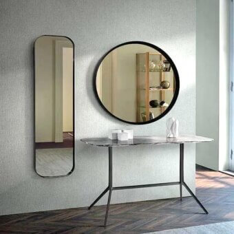 Exclusive Pacini & Cappellini Ron mirror with a sleek titanium-colored metal frame and rounded corners