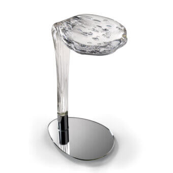 Distinguished Reflex Loto table with transparent Murano glass showcasing bubble inclusions and a shiny steel support