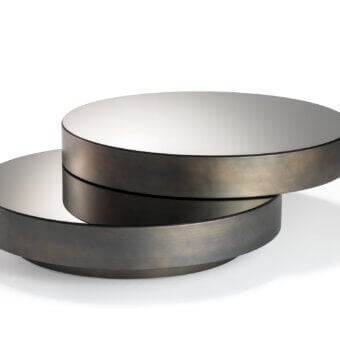 Distinctive Reflex Slide coffee table with smoked mirror tiers and metallic lacquered structure in a muted bronze tone