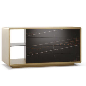 Distinguished Reflex Space dresser with shaped wooden structure and marble glass drawers, complemented by an open smoked glass shelf