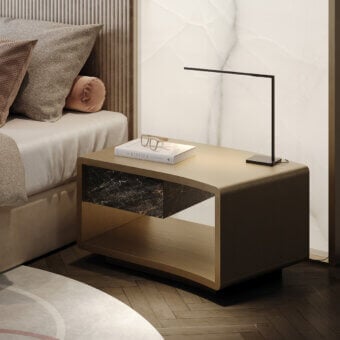Exceptional Reflex Space nightstand with shaped wooden structure in metallic golden-brown and dark brown Marble glass drawer front