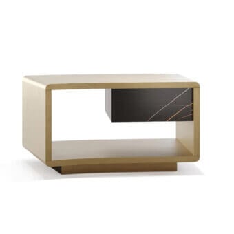 Elegant Reflex Space nightstand with shaped wooden structure in metallic light beige and marble glass drawer