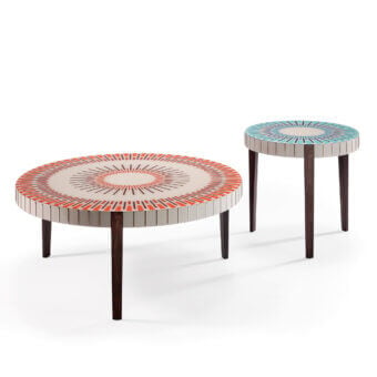 Distinguished Reflex Sun coffee table with platinum lacquered wood and vibrant orange sunburst, built with polished steel and ebony stained ash wood legs