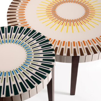 Exceptional Reflex Sun coffee table with platinum lacquered wood, polished steel and ebony stained ash wood legs