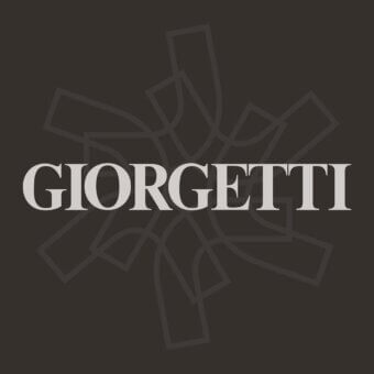 GIORGETTI brand graphic with dark brown background, light brown geometric starburst pattern, and centered sans-serif typography.