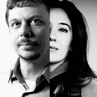 Black and white portrait of Defne Koz and Marco Susani, split vertically, featuring a man in a tie and a woman with dark hair.