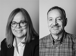 Black and white diptych featuring a smiling woman in a blazer and a man in a plaid shirt, both with neutral backgrounds.