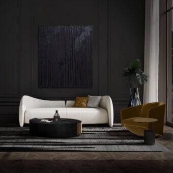 Distinguished WAYNE Enterprises WE-035 lounge chair upholstered in smooth gold textile with lacquered base