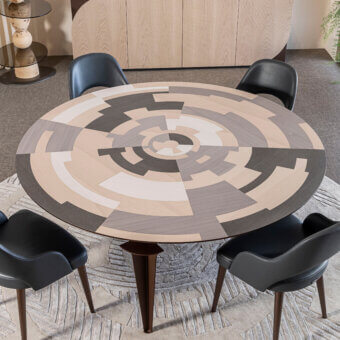 Distinguished Bizzotto Italia Jete table with Eucalipto inlay displaying dark gray, light gray, beige, and off-white segments in matte finish