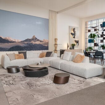 Distinguished Bizzotto Italia Kumo sofa with textured light-colored textile and lacquered metal built structure