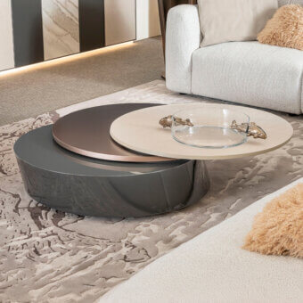 Superior Bizzotto Italia Plinko coffee table with glossy dark gray, bronze, and light beige surfaces crafted in natural woods