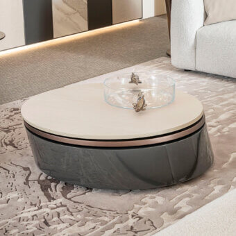 Distinguished Bizzotto Italia Plinko coffee table crafted in natural wood with copper metal and textured gray base
