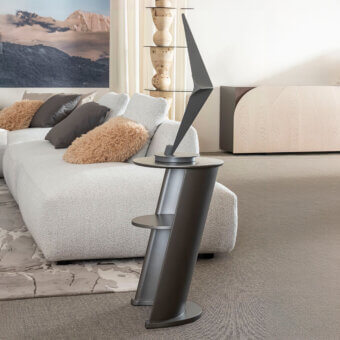 Distinguished Bizzotto Italia Plinko side table with a dark gray lacquered metal structure and integrated sculptural shelf crafted in Italy