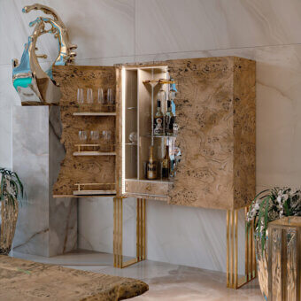 Exceptional Bizzotto Italia Sidney bar cabinet in light tan wood veneer with golden metal support base
