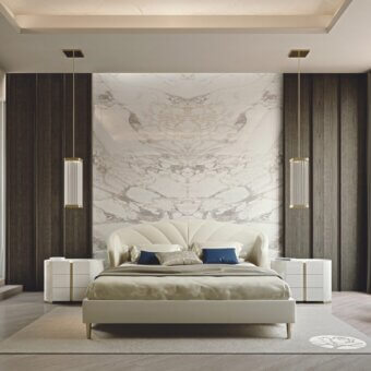 Exceptional Bizzotto Italia Wave bed with light cream textile upholstery and gold-colored slender legs