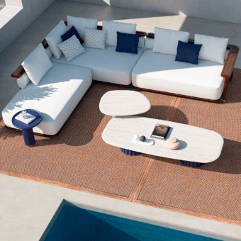 Exceptional CPRN Homood Pedro sectional with a wood frame and waterproof cushions in white, dark blue and patterned accents