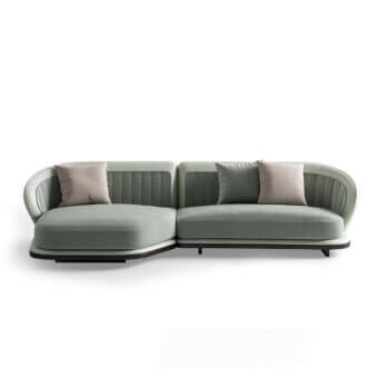 Exceptional CPRN Homood Pierre sectional with muted green textile upholstery and lacquered base detailing