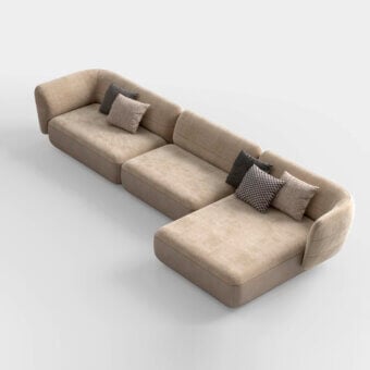 Distinguished CPRN Homood Swan sectional with light beige premium fabric upholstery and balanced grey cushions