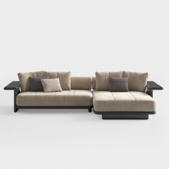 Distinguished CPRN Homood Zeno sectional with light brown premium fabric and dark lacquered wood frame built for comfortable living spaces