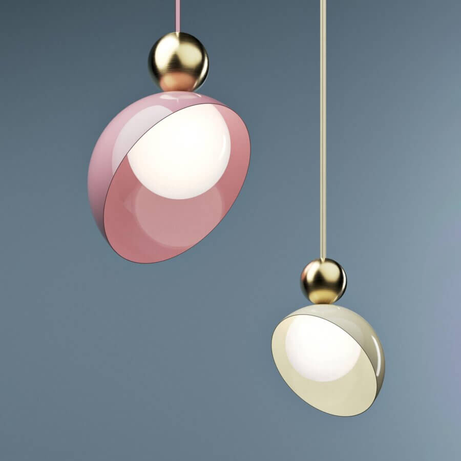 Distinguished Italamp Aurora suspension lamp with cream shade and brushed light gold metallic sphere accent crafted in white glass
