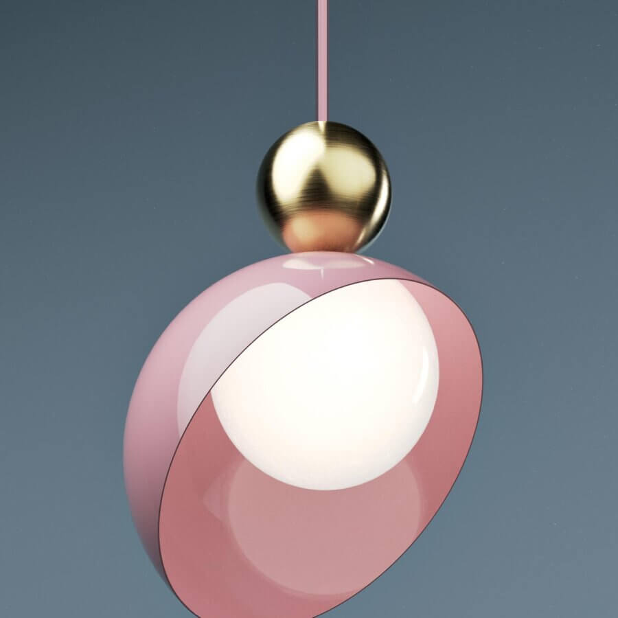 Exceptional Italamp Aurora suspension lamp with pink metal and a brushed light gold sphere, showcasing a glossy pink housing with luminous white glass