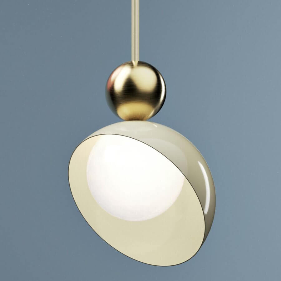 Superior Italamp Aurora suspension lamp with white glass and light tan sectioned metal embracing brushed light gold metal