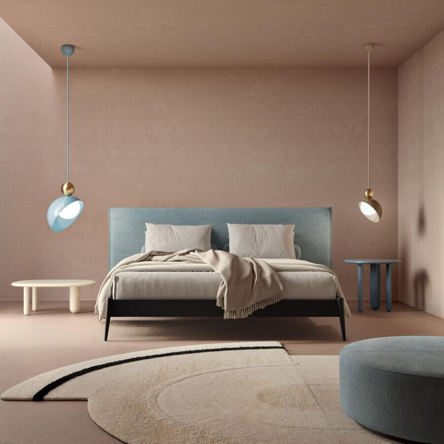 Elegant Italamp Aurora suspension lamp with a captivating blue glass shade and brushed light gold finish