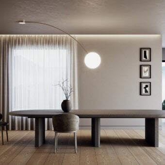 Elegant Italamp Filo ceiling lamp with a sweeping matte metal arm and spherical white blown glass diffuser