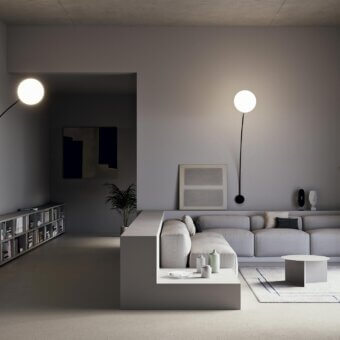 Superior Italamp Filo wall lamp with a white blown glass sphere balanced by a sleek black metal arm