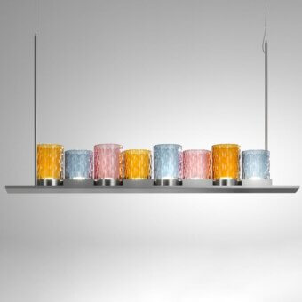 Elegant Italamp Galatea suspension lamp with eight hand-cut crystal diffusers in soft red, soft blue, and mustard hues with sleek metal support