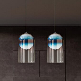 Elegant Italamp Marta suspension lamp with a blown white glass sphere encased in a transparent ruled dome with copper shading