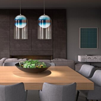 Distinguished Italamp Marta suspension lamp with a blown white glass sphere encased in a transparent ruled dome and copper shading