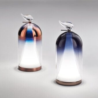 Exceptional Italamp Munetta & Martina table lamp with blue shaded blown glass and iron grey metal structure