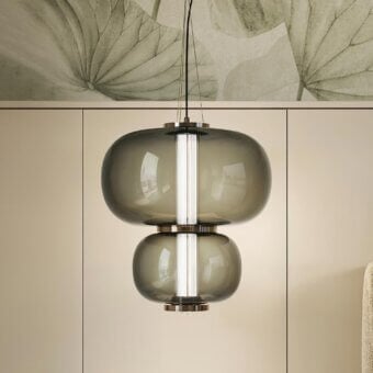 Exclusive Italamp Nube suspension lamp with glossy grey glass and hand-carved crystal diffuser in iron grey metal
