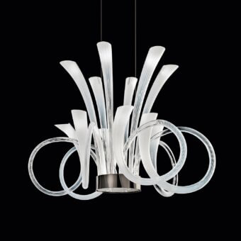 Superior Italamp Pulsa suspension lamp with fluted blown glass in white and light gold metal structure