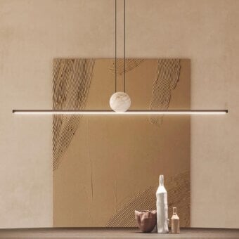 Sophisticated Italamp Regolo suspension lamp with a linear metal structure and creamy white marble sphere detail built with integrated LED lighting