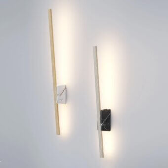 Exceptional Italamp Regolo wall lamp with linear metal and light wood, accented by refined marble detail