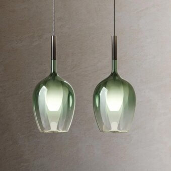 Elegant Italamp Rosè Maxi suspension lamp with translucent to soft green glass diffuser and dark metal structure boasts a shiny coating