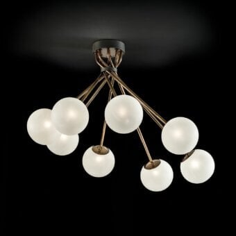 Distinguished Italamp Tea ceiling lamp with eight satin blown glass spherical diffusers and golden-toned metal stems