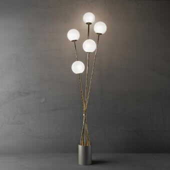 Distinguished Italamp Tea floor lamp with five satin blown glass diffusers atop slender brass-colored metal rods and matte gray base