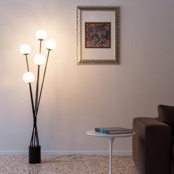 Exceptional Italamp Tea floor lamp with bouquet-inspired design in satin blown glass and matte black metal stems