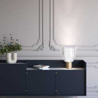 Distinguished Italamp Universale table lamp with clear crystal and satin blown glass in gold-colored metal with a glossy finish