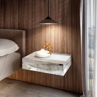 Innovative Lago Materia Suspended nightstand with multi-tonal white, gray and brown XGlass and block-worked finish