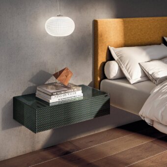 Captivating Lago Materia Suspended nightstand crafted in dark green XGlass with gold geometric patterns and glossy finish