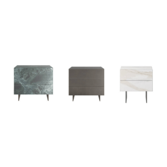 Distinguished Lago Materia nightstand in white marble-like finish with dark grey angled legs and innovative XGlass veining