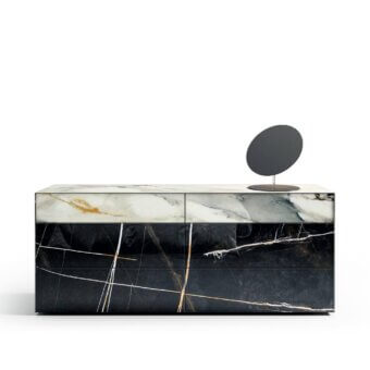 Innovative Lago Materia dresser with XGlass displaying white, gray, and black marble veining and a pristine finish