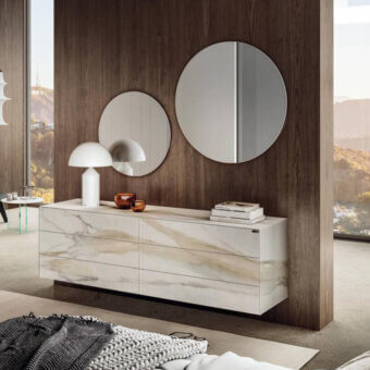 Exceptional Lago Materia Suspended dresser crafted in marble-printed XGlass with a smooth white and beige pattern